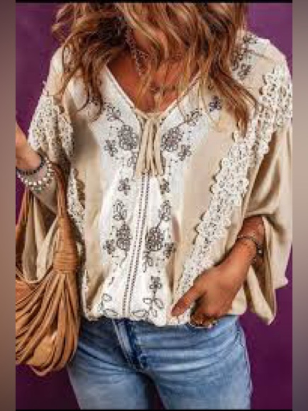 gimmicks by BKE Cream Embroidered Lace-Trim Blouse